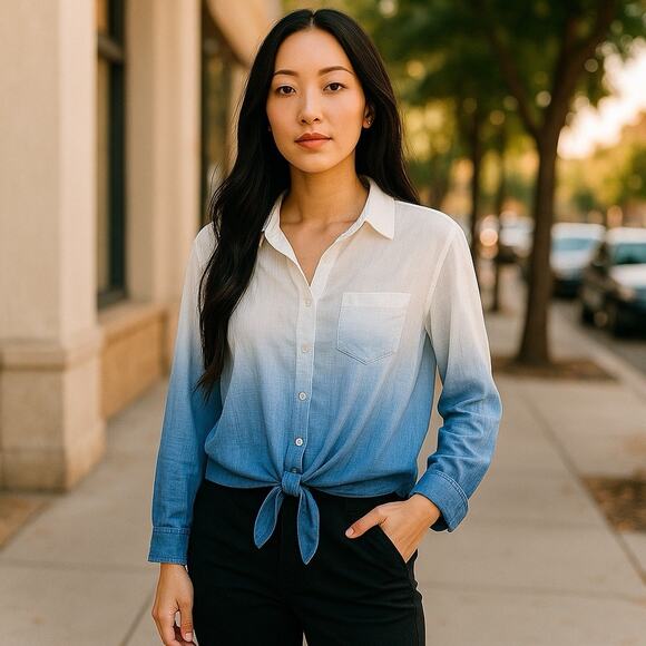 NEW Rails Linen Blend Tie Front Top Long Sleeves White, Blue Button Front Large - Picture 1 of 10